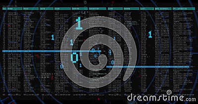 Image of blue lines and binary processing over text data on black background Stock Photo