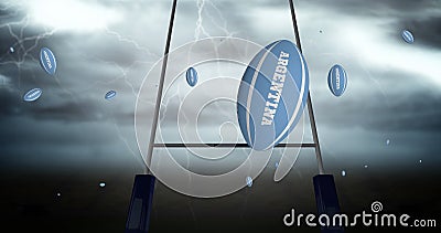 Image of blue rugby balls with argentina text at stadium Stock Photo