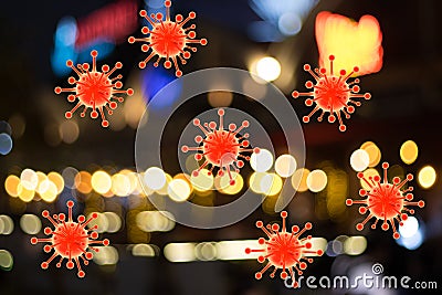 Image blurred and covid graphics Concept Coronavirus Covid spread in restaurants in crowded pubs significant risks of transmission Stock Photo