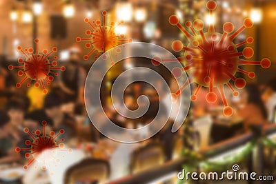 Image blurred and covid graphics Concept Coronavirus Covid spread in restaurants in crowded pubs significant risks of transmission Stock Photo