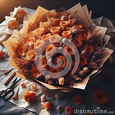 an image bouquet of many Orange roses in wrapping paper. Stock Photo