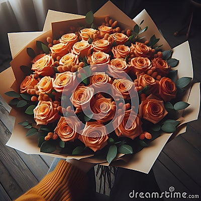 an image bouquet of many Orange roses in wrapping paper. Stock Photo