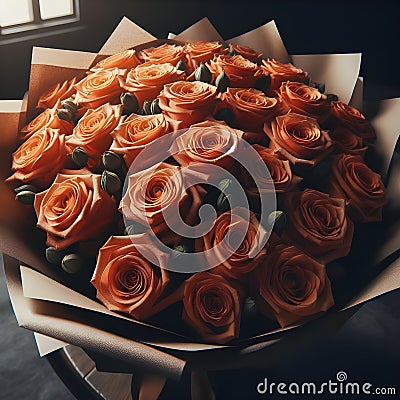 an image bouquet of many Orange roses in wrapping paper. Stock Photo