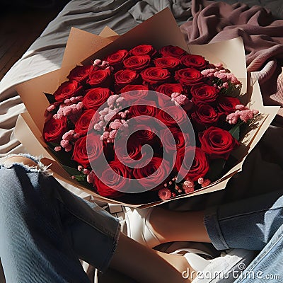 an image bouquet of many Red roses in wrapping paper. Stock Photo