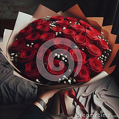 an image bouquet of many Red roses in wrapping paper. Stock Photo