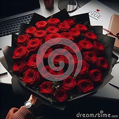 an image bouquet of many Red roses in wrapping paper. Stock Photo