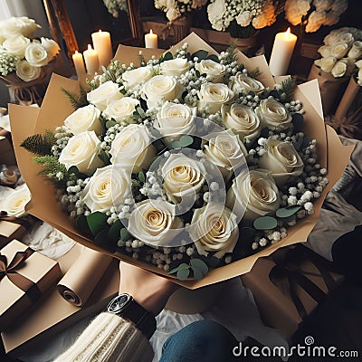 an image bouquet of many white roses in wrapping paper. Stock Photo