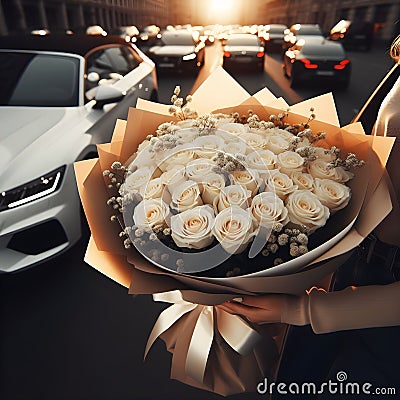 an image bouquet of many white roses in wrapping paper. Stock Photo