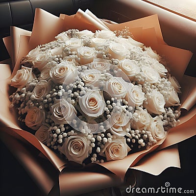 an image bouquet of many white roses in wrapping paper. Stock Photo