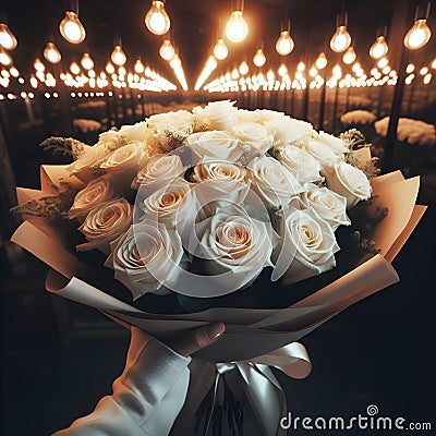 an image bouquet of many white roses in wrapping paper. Stock Photo