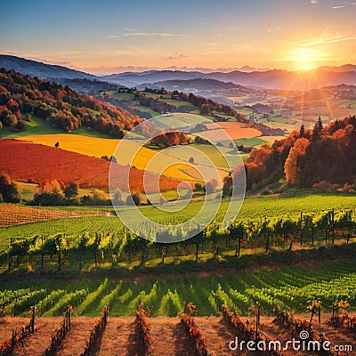 Breathtaking vineyards landscape in South Styria near Gamlitz. Autumn scene of grape hills in popular travell Stock Photo