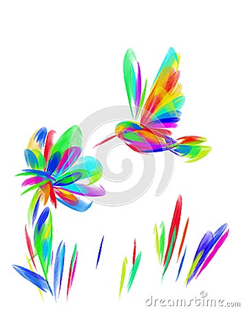 The image of a bright rainbow bird Hummingbird over a flower. Stock Photo