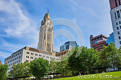 Bright summer shot of LeVeque Tower from the Scioto Mile Promenade Stock Photo