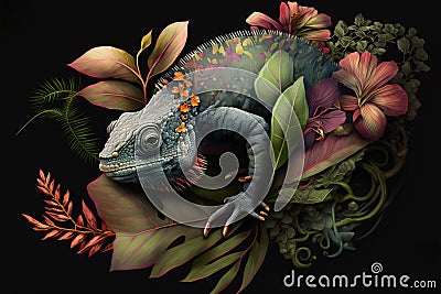 Image of brightly colored chameleons with colorful tropical flowers. Reptile. illustration. Generative AI Cartoon Illustration