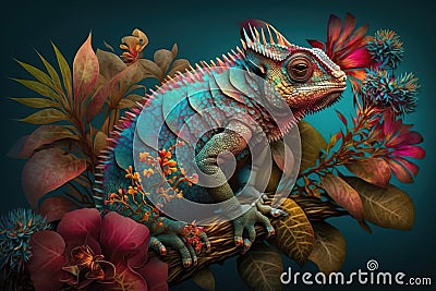 Image of brightly colored chameleons with colorful tropical flowers. Reptile. illustration. Generative AI Cartoon Illustration