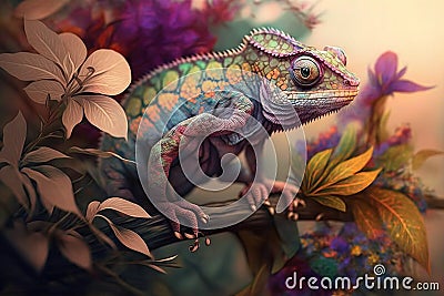 Image of brightly colored chameleons with colorful tropical flowers. Reptile. illustration. Generative AI Cartoon Illustration