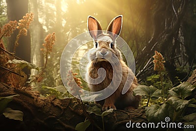 Image of brown rabbit in the fertile forest. Wildlife Animals. Nature. Illustration, Generative AI Stock Photo