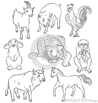 Image of a bull, cock, goat, pig, horse, tiger Vector Illustration