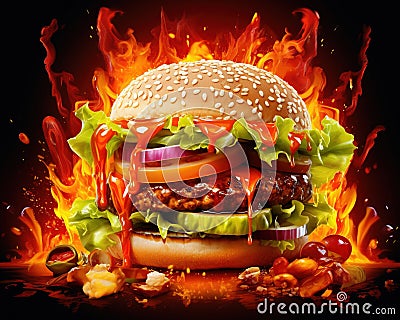 Burning Chili Sauce Based Burger is a burning hot hamburger with chili sauce. Cartoon Illustration