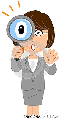 Business woman glasses surprised to look into the magnifying glass Vector Illustration