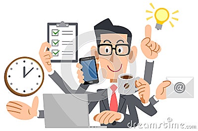 Businessman glasses to perform multitasking Vector Illustration