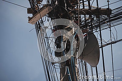Image of busy line on electric pole Stock Photo