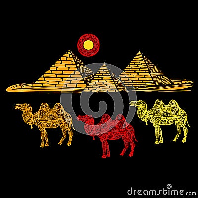 Image of a camel on a background of the pyramids Vector Illustration