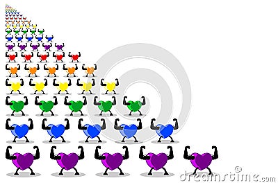 Colorful healthy hearts marching and parading in rows. LGBT rainbow colors isolated on white transparent background. Vector Illustration