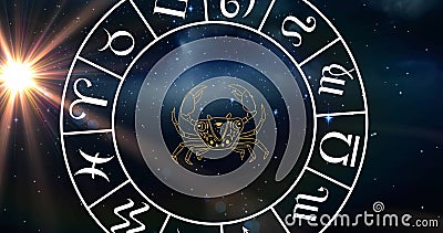 Image of cancer star sign with horoscope wheel spinning over stars on blue background Stock Photo