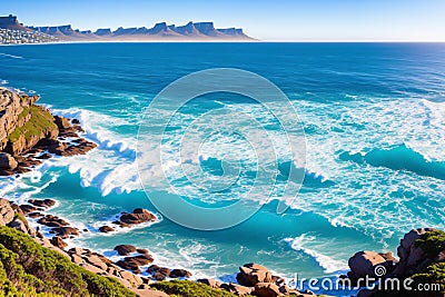 Cape Town, South Africa - wave breaks on the rocky coast in Camps Bay made with Generative AI Stock Photo