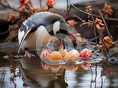 Penguin painting Easter egg in festive mood Stock Photo