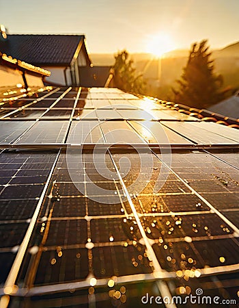 Dawn's First Light on Dewy Solar Panels Stock Photo