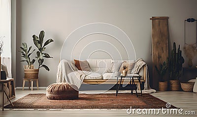 Earthy Elegance: Cozy Living Area with Natural Textures Stock Photo