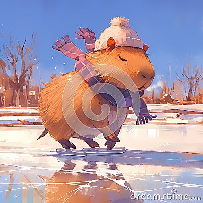 Happy Hamster Ice Skating Adventure! Stock Photo
