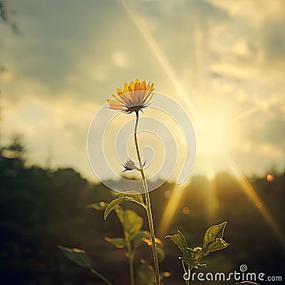 A yellow flower with the sun shining through the lens, AI Generated Stock Photo