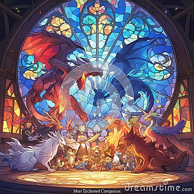Epic Fantasy Stained Glass Window Stock Photo