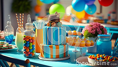 A table set with all the essentials for the ultimate birthday celebration, including a stunning cake - ai generated Stock Photo