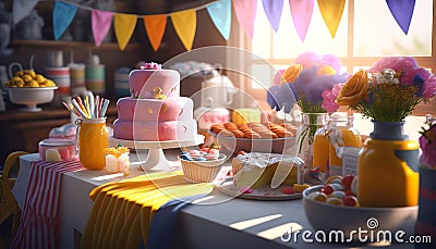 A table set with all the essentials for the ultimate birthday celebration, including a stunning cake - ai generated Stock Photo