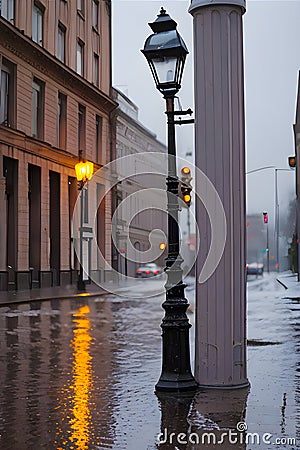 rain on a street in a big city puddles raincoat evening lamppost generated by ai Stock Photo