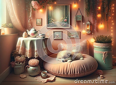 Whimsy and Warmth: A Cozy Tea Time with Puppy Dreams Stock Photo