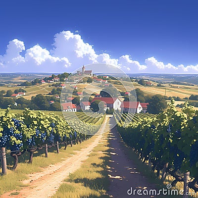 Bountiful Vineyard with Medieval Village Stock Photo