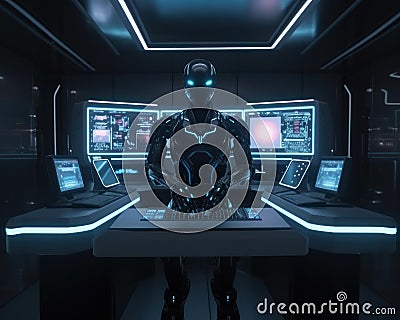 High-Tech Command Center: A Robot Effortlessly Navigates the Complexity of a Futuristic Control Room - Generative AI Stock Photo