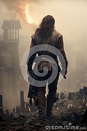 long haired fantasy medieval knight soldier man. full view. real view. walking away. long black hair. Stock Photo