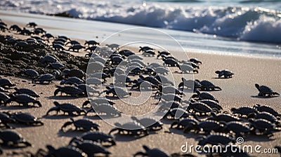 Hundreds of Baby Turtles Racing Towards the Sea, Start of Their Great Marine Adventure Stock Photo