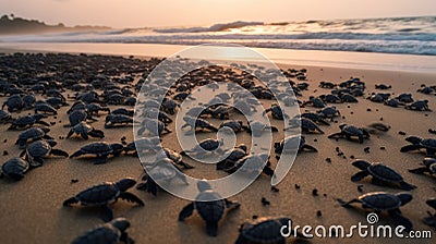 Hundreds of Baby Turtles Racing Towards the Sea, Start of Their Great Marine Adventure Stock Photo