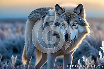 image captures the intense gaze of a wolf, deeply immersed in a direct and compelling stare straight into the lens. Stock Photo