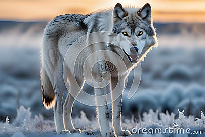 intense gaze of a wolf, deeply immersed in a direct and compelling stare straight into the lens Stock Photo