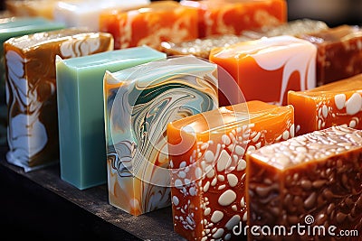 This image captures the intricately detailed close-up view of multiple colored soaps in a vibrant array of shades, The slippery Stock Photo