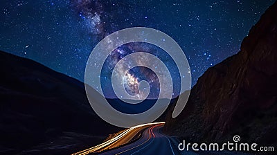 Starry Passage: Nighttime Drive Through Mountain Roads Stock Photo