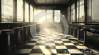 Sunlight streams into an empty retro diner with checkered floors and bar stools, AI Stock Photo